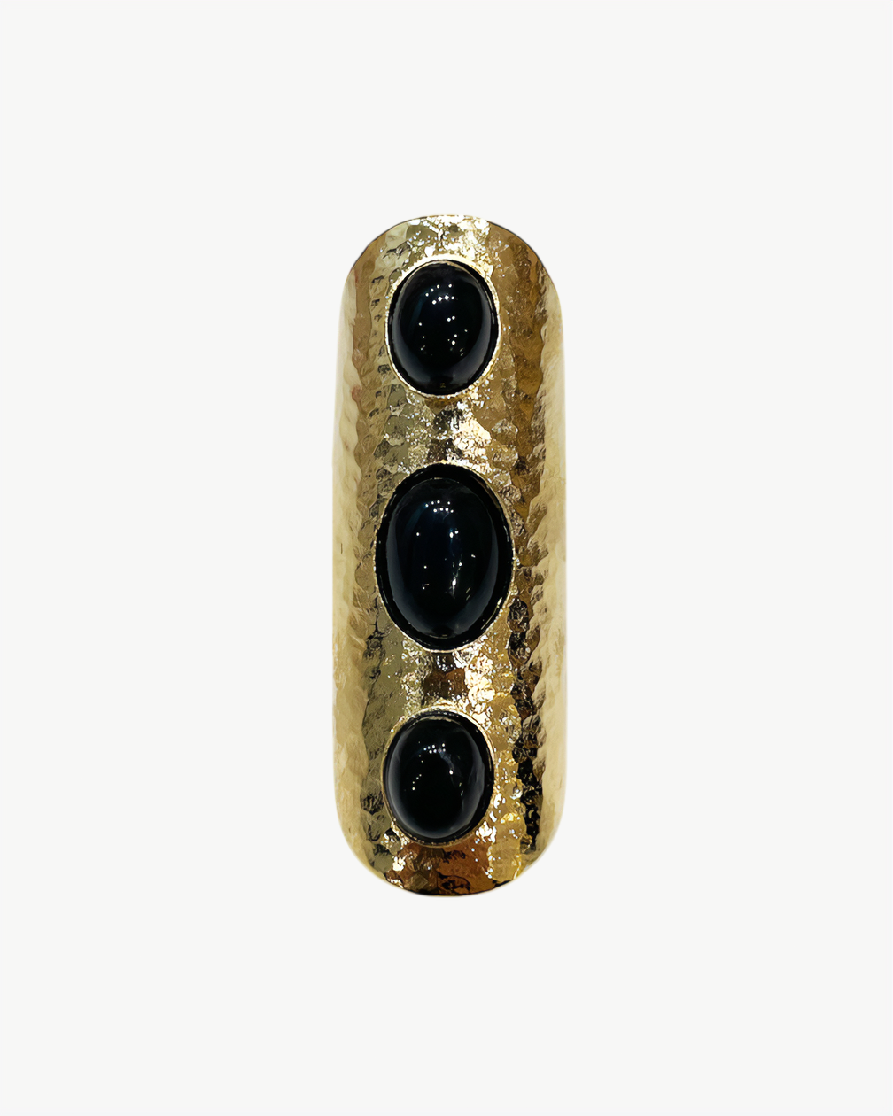 Bague HELLES bohème ajustable en laiton doré à l'or fin 24 carats ornée de trois pierres naturelles agate noire