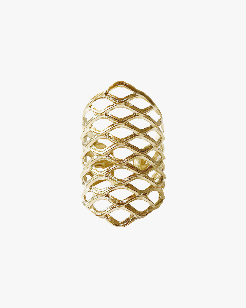 Bague large HELLES modèle Résille en laiton doré à l'or fin 24 carats au design ajouré géométrique ajustable