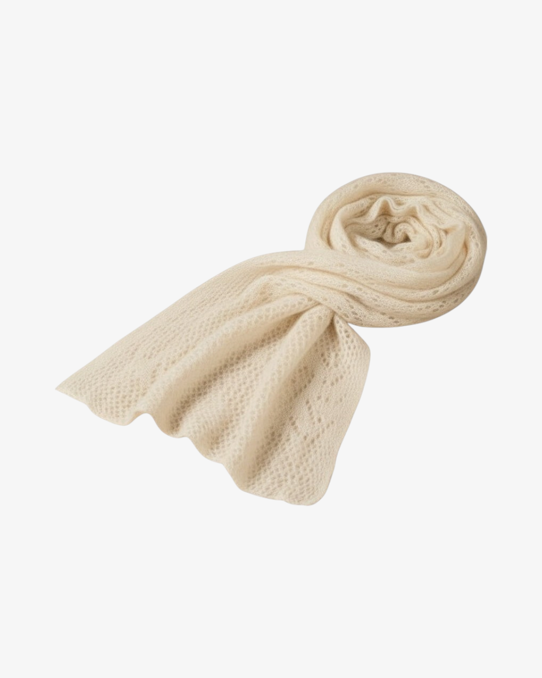 Echarpe HELLES en maille ajourée beige, texture douce et légère avec un motif dentelle raffiné et élégant.