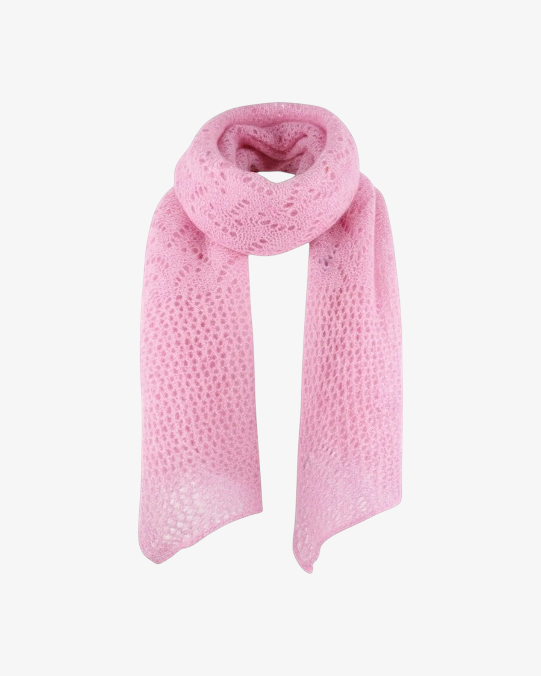 Echarpe HELLES rose en maille ajourée façon dentelle, douce et légère en mohair et laine pour un style élégant.