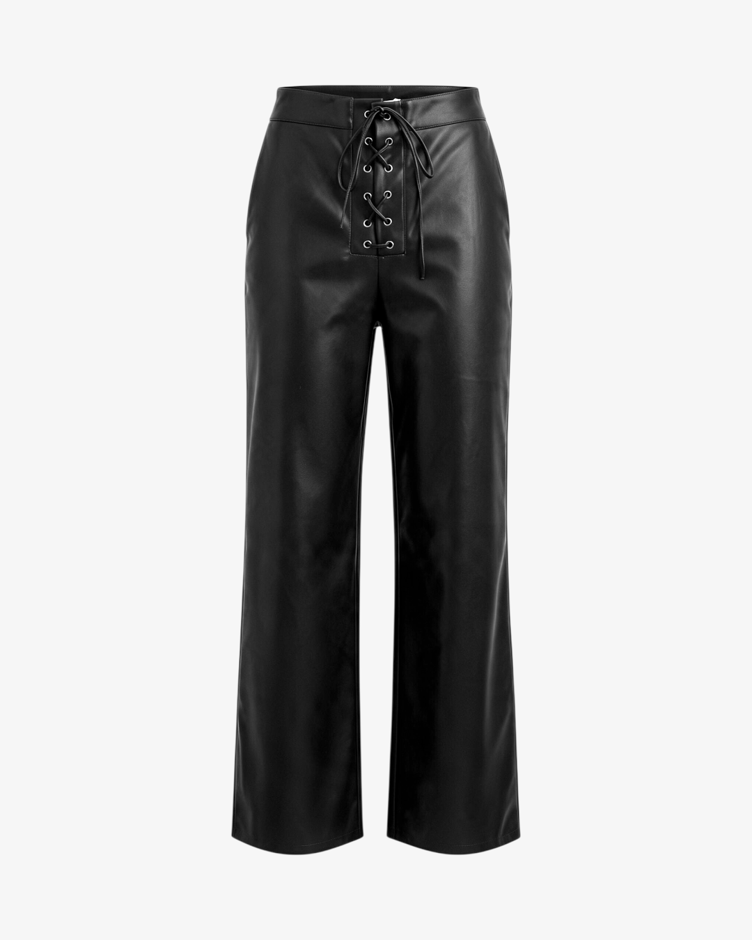Pantalon Camden HELLES noir en similicuir avec laçage décoratif sur le devant et coupe droite