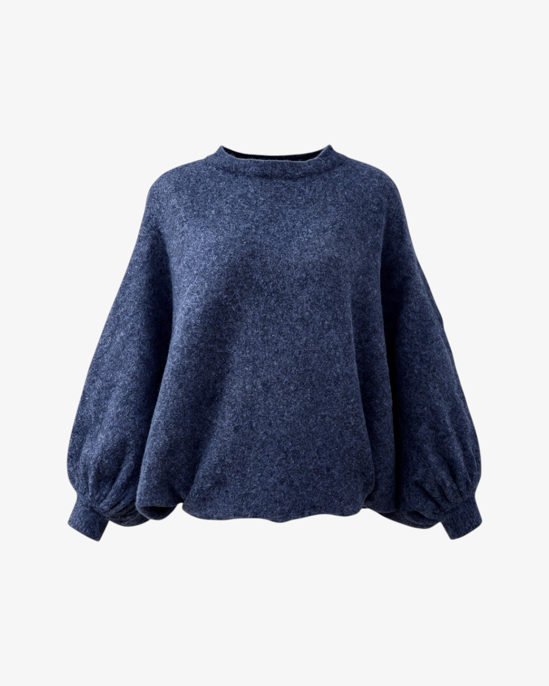 Pull HELLES Alon bleu marine en maille mélangée avec coupe ample, épaules tombantes et manches ballon volumineuses.