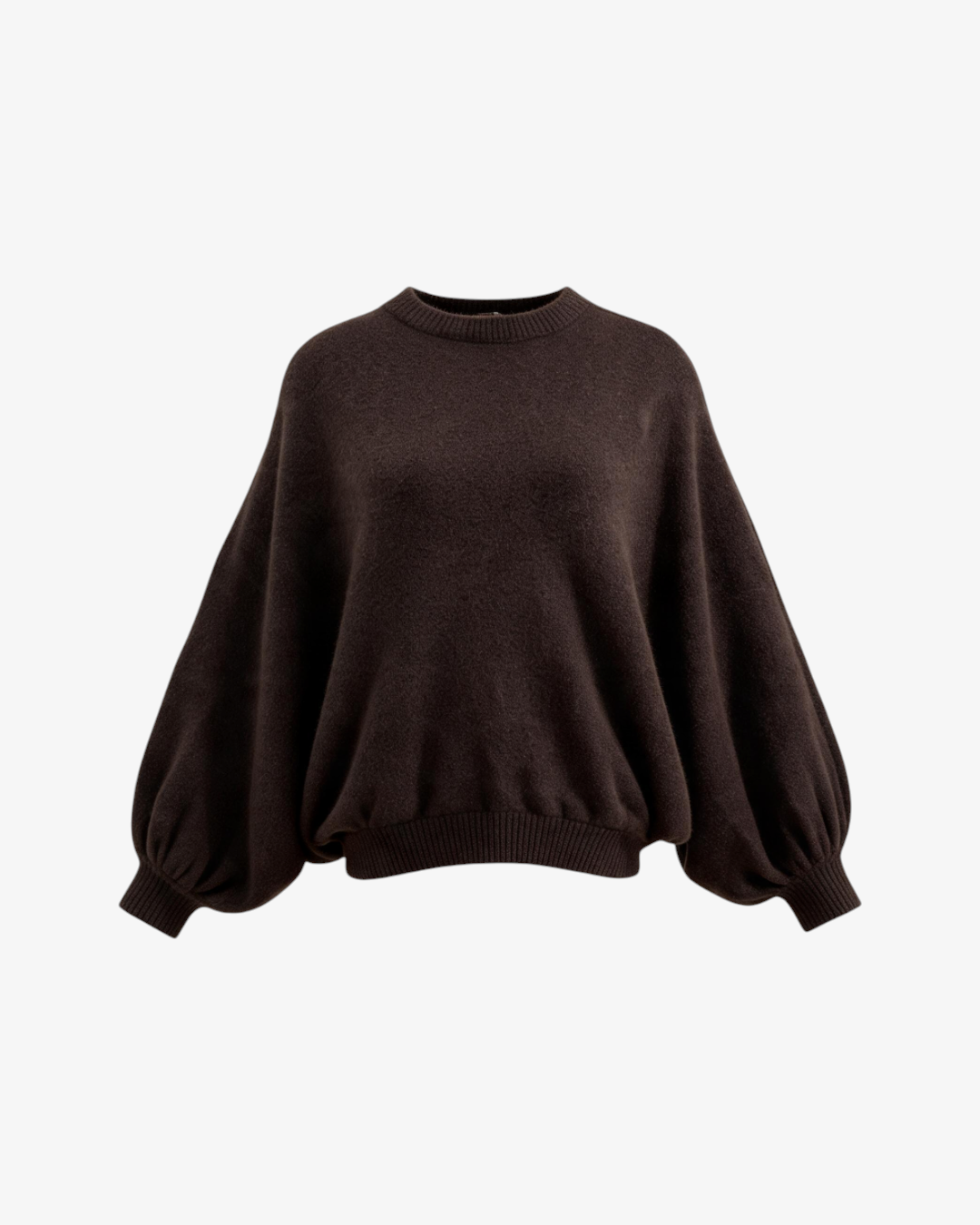 Pull HELLES Alon marron en maille avec coupe ample, épaules tombantes et manches ballon généreuses