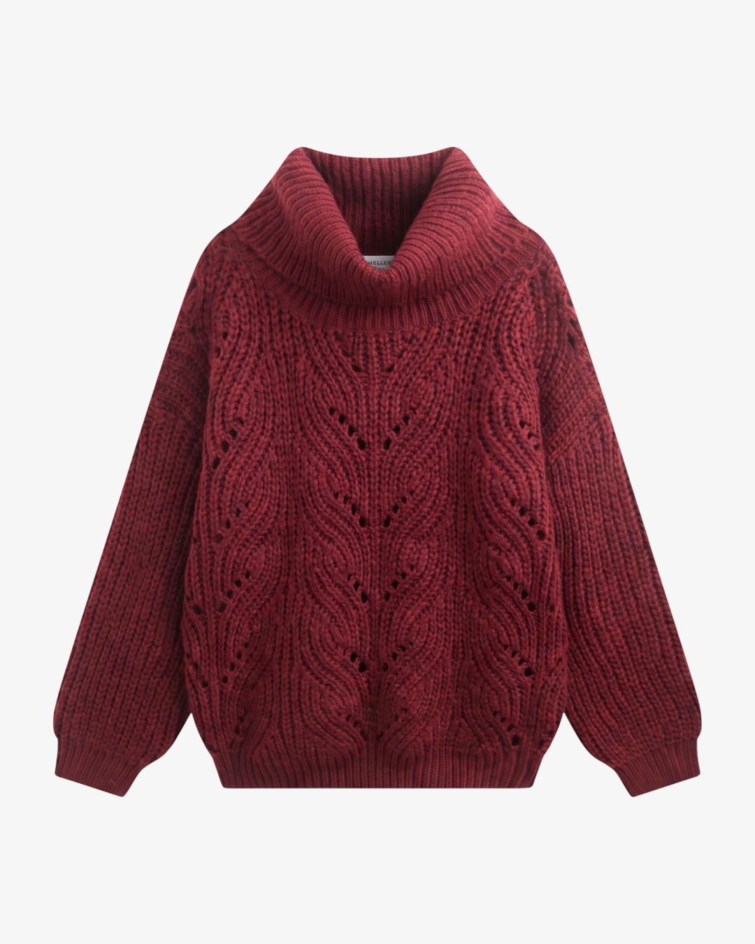 Pull NOLA HELLES bordeaux à col roulé en maille torsadée épaisse avec détails ajourés