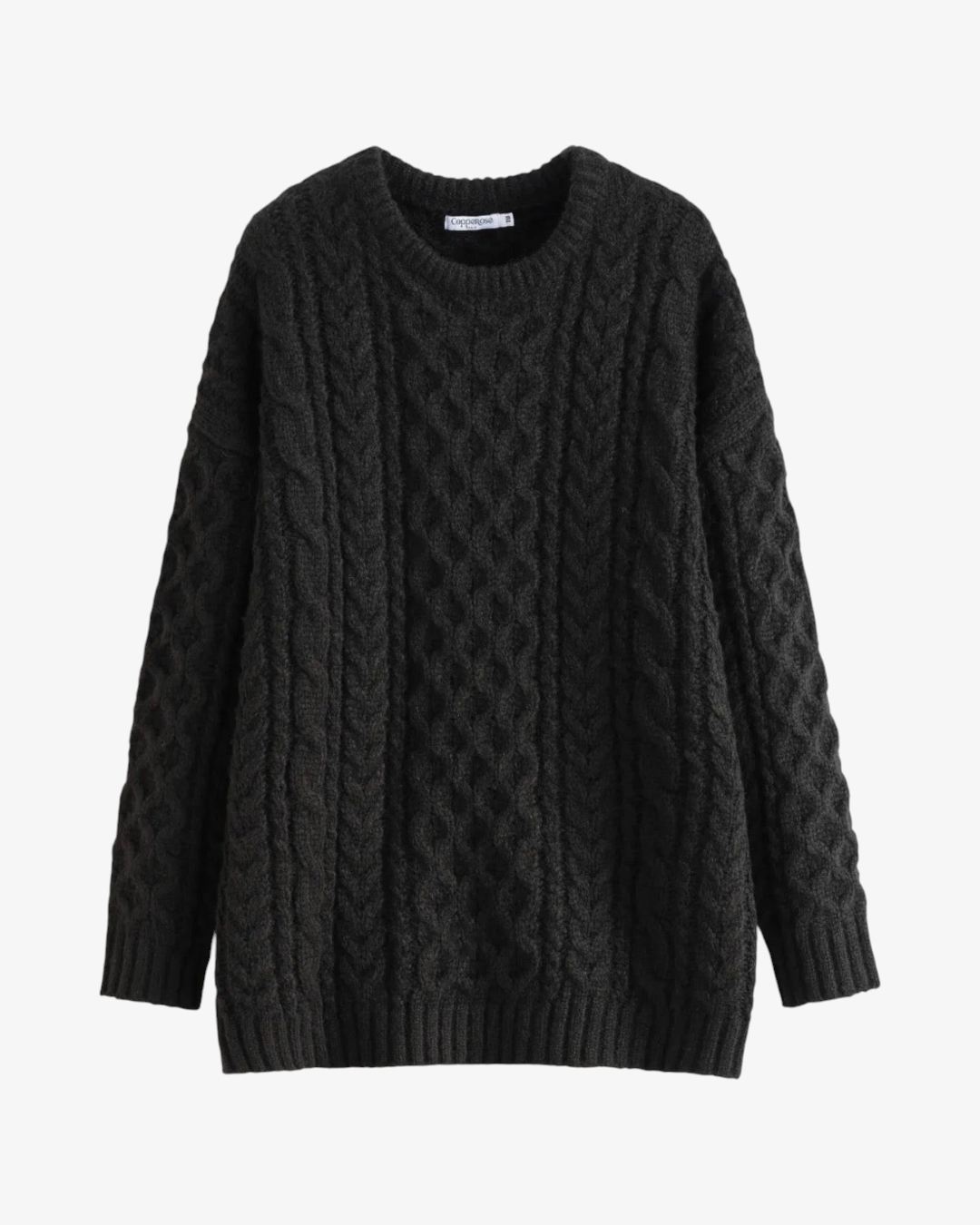 Pull Suzanne HELLES noir en maille torsadée avec col rond, coupe décontractée et finitions côtelées