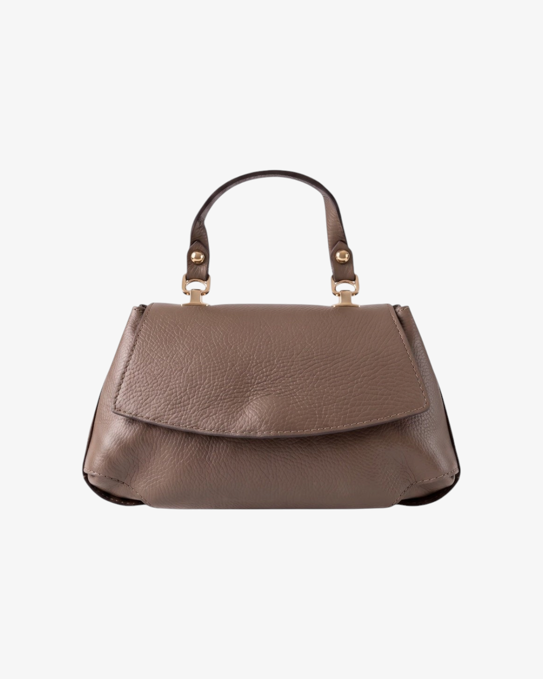 Sac à main HELLES Alma en cuir grainé taupe avec rabat souple, poignée courte et détails métalliques dorés