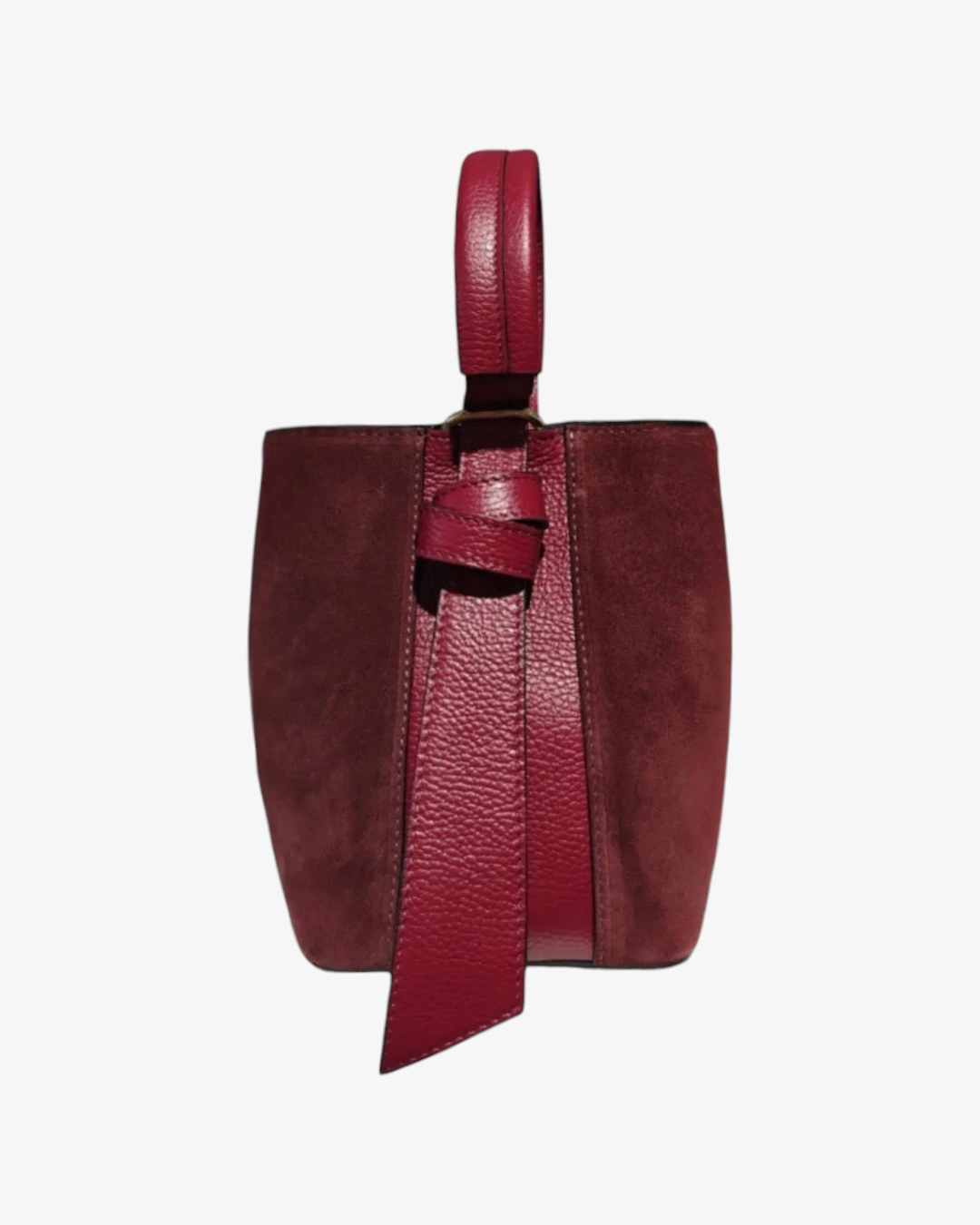 Sac seau HELLES Camilla en cuir rouge bordeaux avec finition en daim et détail de nœud élégant sur la poignée
