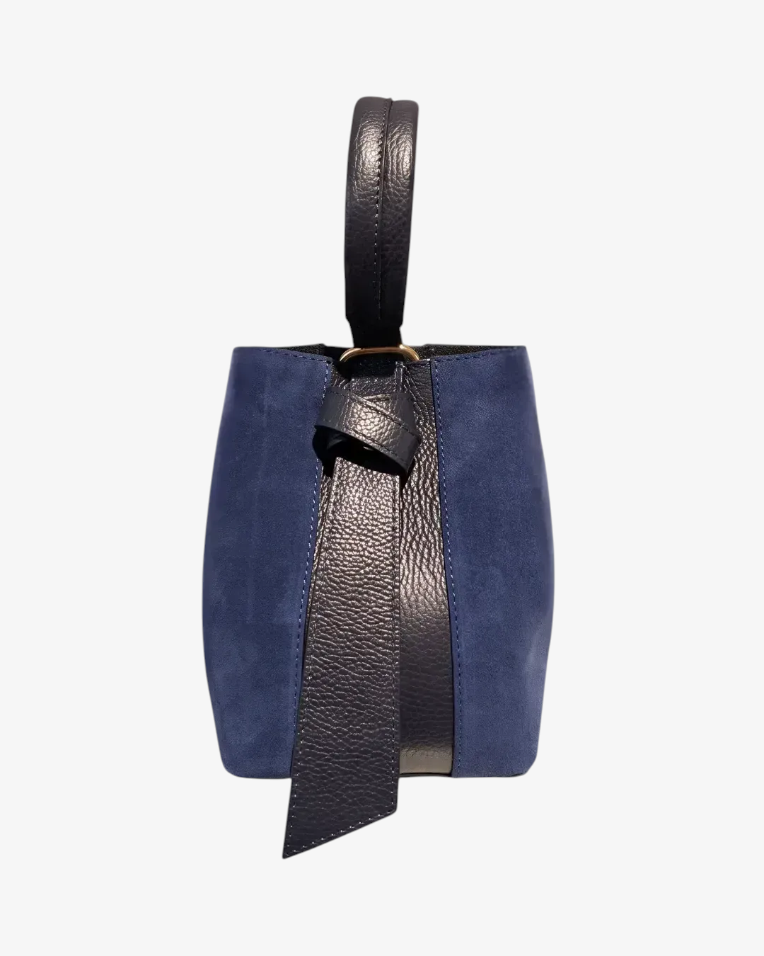 Sac seau HELLES Camilla en daim bleu et cuir grainé noir avec anse structurée et détail de nœud élégant