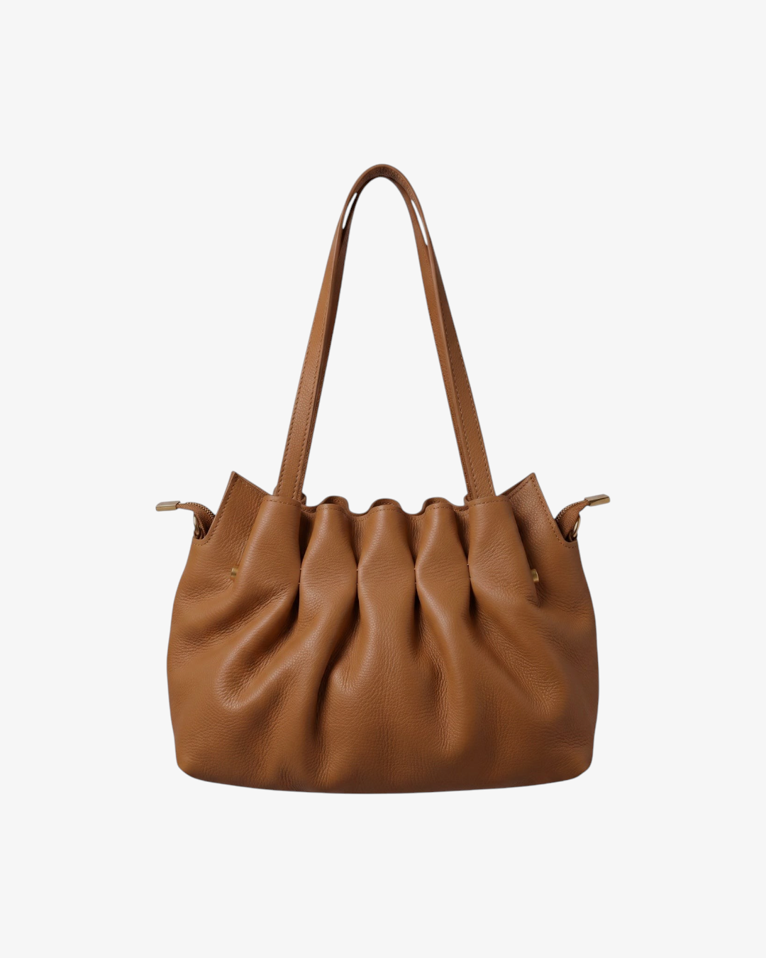 Sac à main HELLES Ondine en cuir camel souple avec détails plissés et anses longues pour un porté épaule élégant
