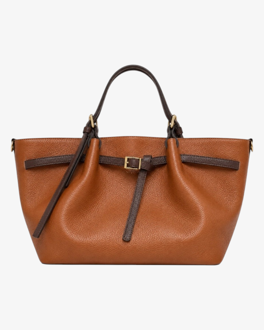 Sac cabas HELLES Siena en cuir grainé marron avec forme trapèze, anses contrastées et boucle dorée sur le devant