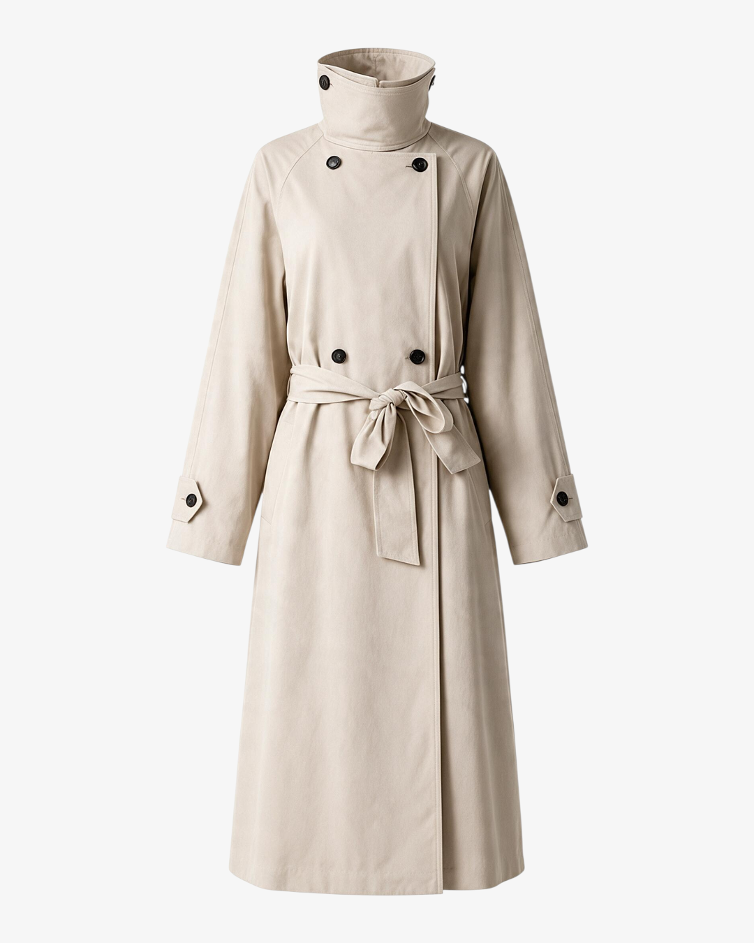 Trench-coat beige HELLES avec col montant, double boutonnage et ceinture à nouer, style classique et élégant.