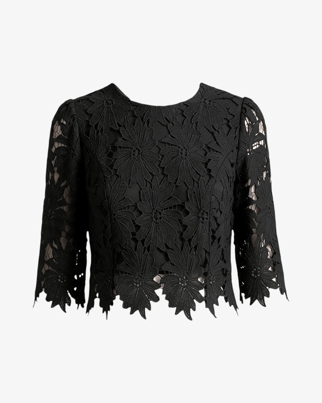 Helles haut Maggy noir en dentelle à manches trois-quarts avec motif floral ajouré et ourlet festonné