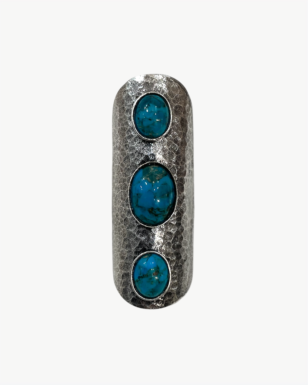 Bague HELLES style bohème en laiton argenté patiné avec trois pierres turquoise ovales, taille ajustable