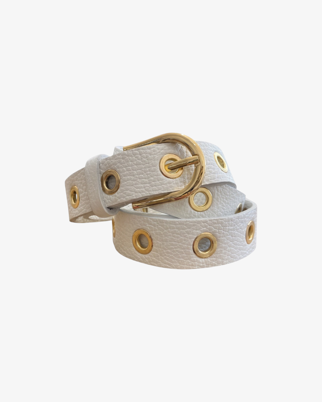 Ceinture HELLES en cuir grainé blanc avec œillets dorés et boucle arrondie, fabriquée en Italie