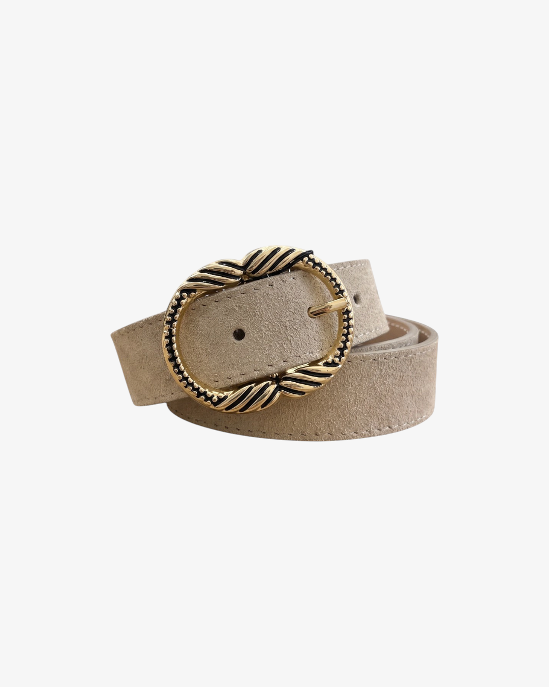 Ceinture HELLES vintage en cuir suédé beige avec boucle ovale dorée striée, style rétro élégant