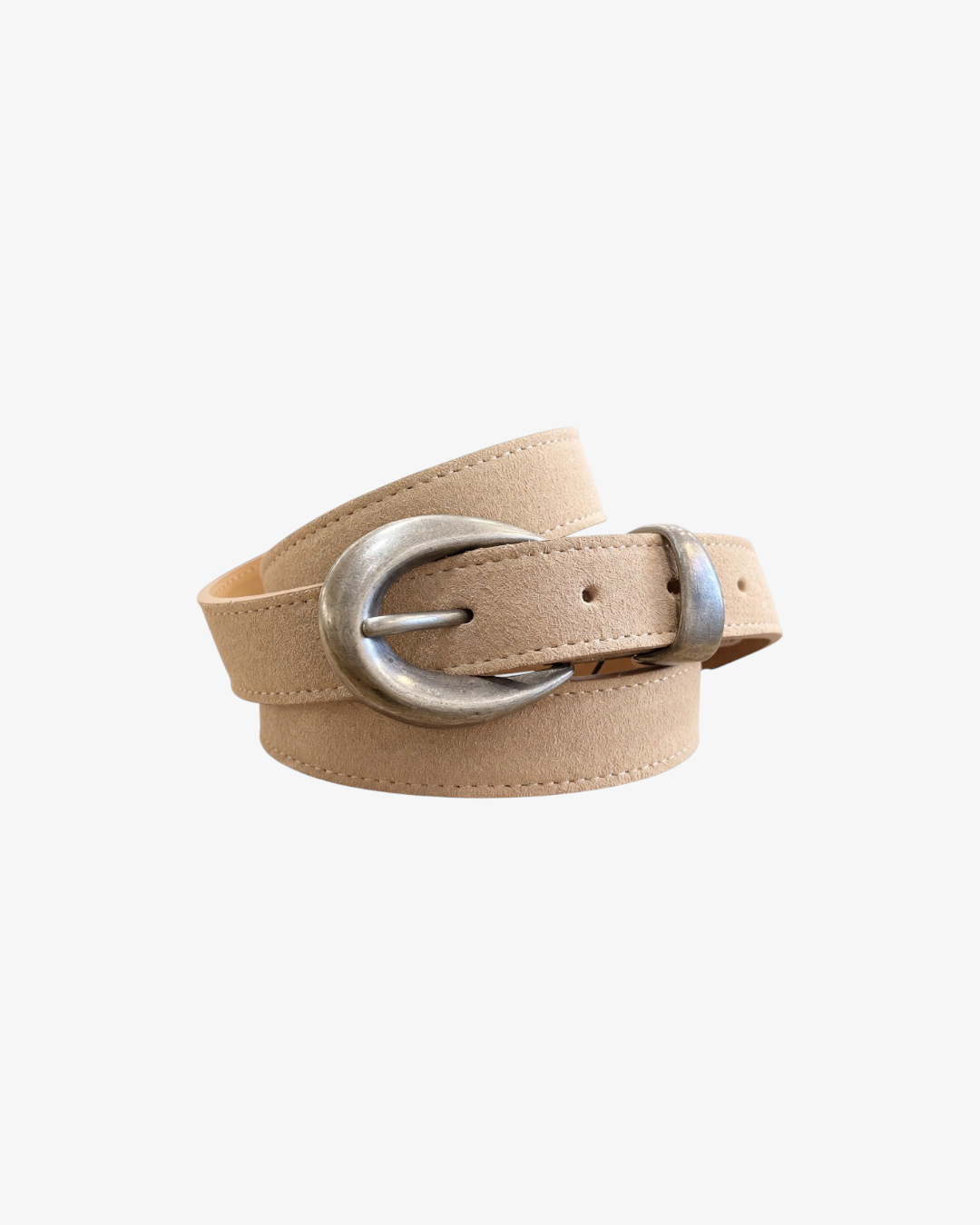 Ceinture HELLES en cuir velouté beige avec une boucle arrondie argentée au style vintage chic