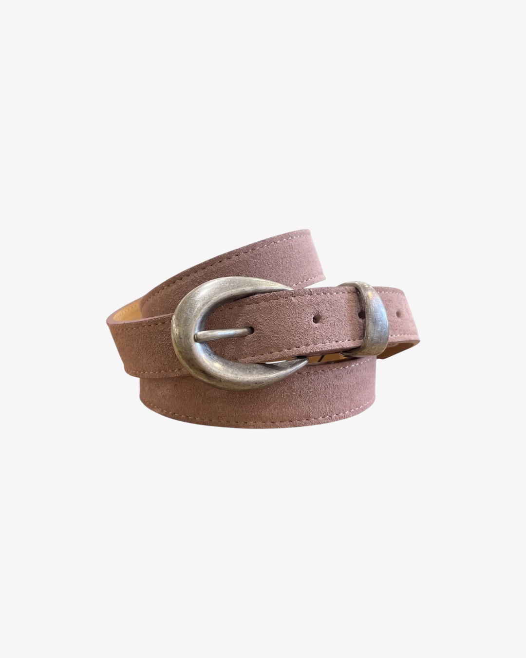 Ceinture HELLES en cuir velouté rose avec une boucle arrondie en métal argenté au style vintage