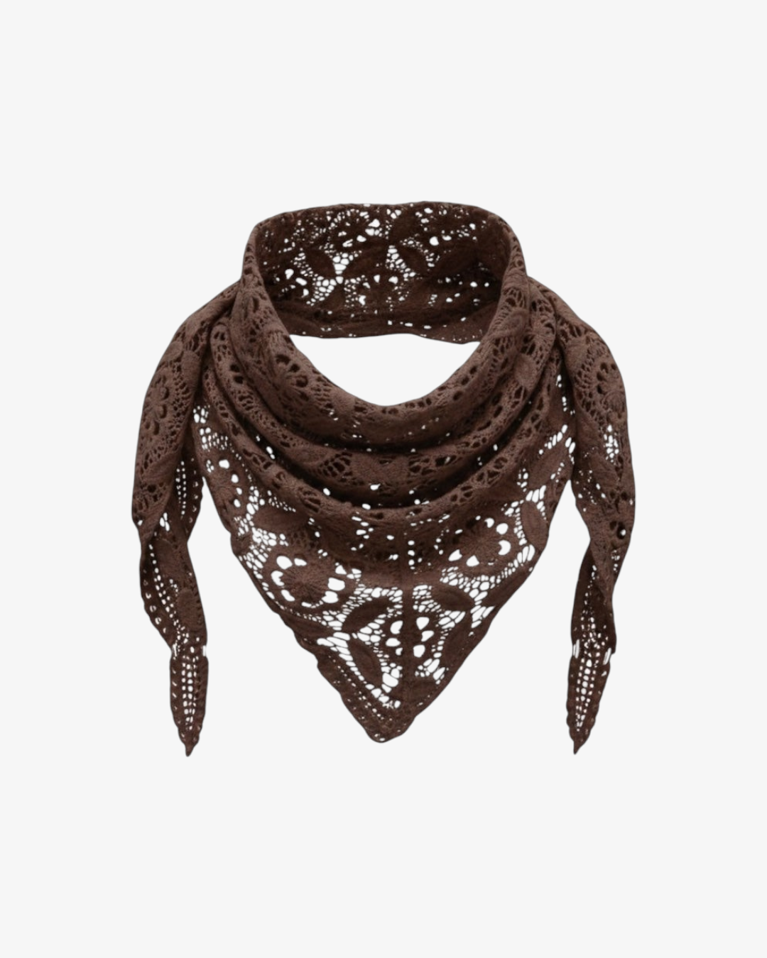 Foulard crochet HELLES marron en coton avec motif ajouré triangulaire style bohème