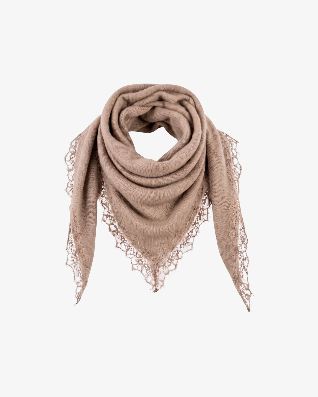 Foulard triangulaire HELLES en maille beige avec bordures en dentelle délicate, accessoire d'hiver doux et élégant.