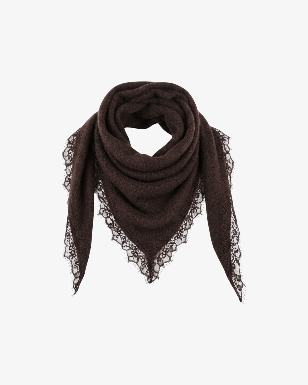 Foulard triangulaire HELLES marron en mélange de laine et acrylique avec bordures en dentelle délicate