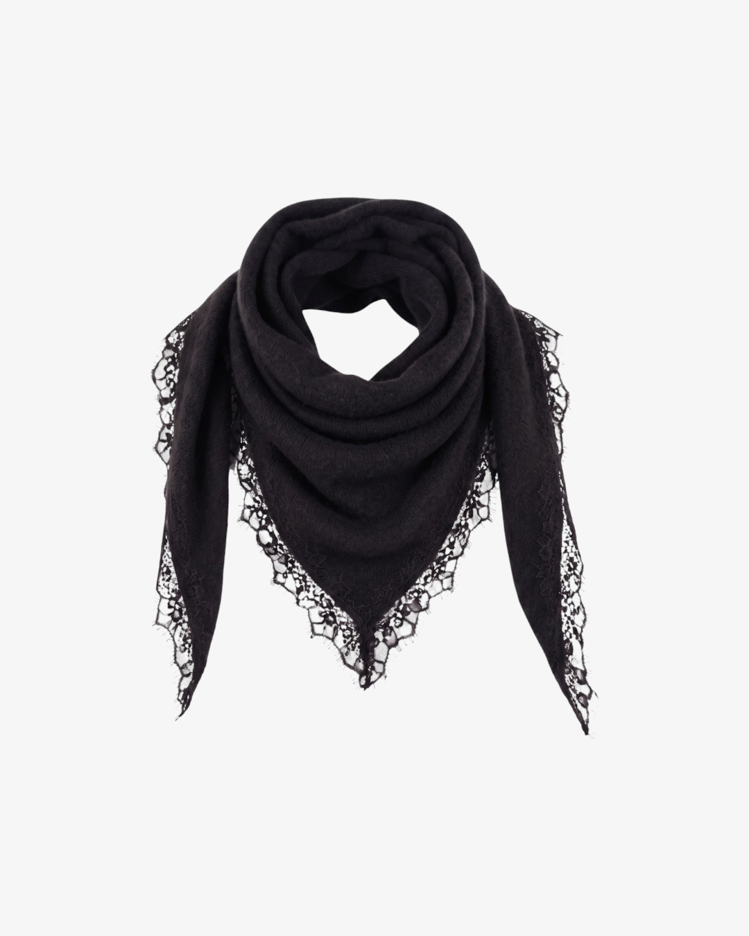 Foulard triangulaire noir HELLES en mélange laine et acrylique avec bordures en dentelle délicate