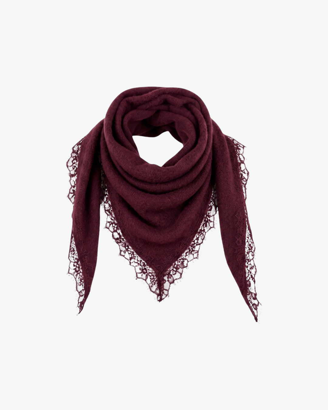 Foulard triangulaire HELLES bordeaux en mélange laine et acrylique avec bordures en dentelle délicate