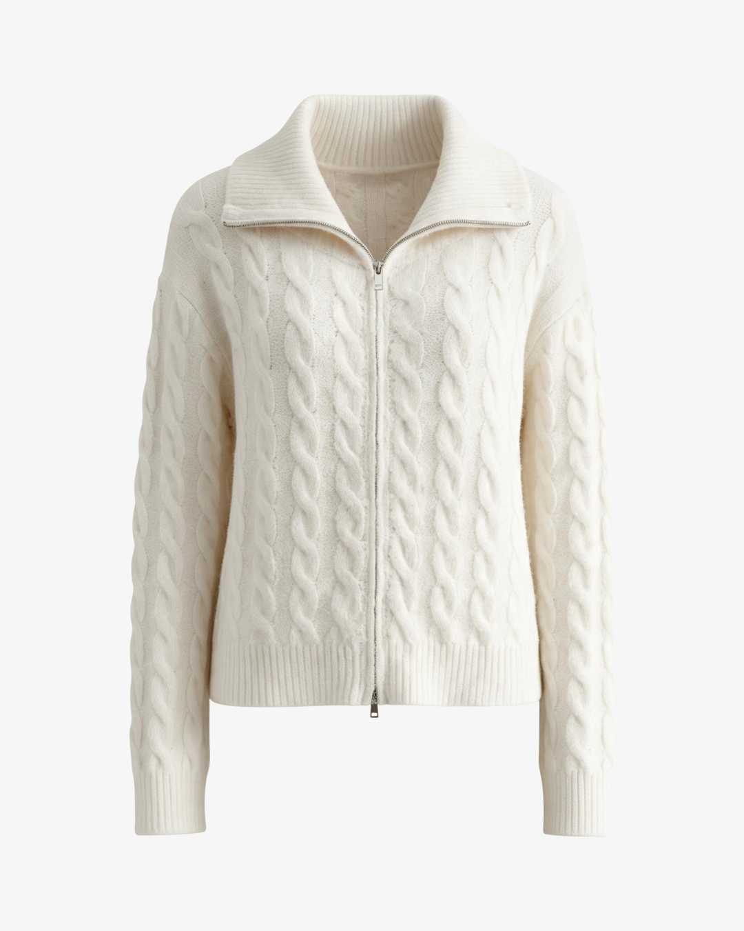 Gilet Emma HELLES blanc en maille torsadée avec col montant et fermeture zippée