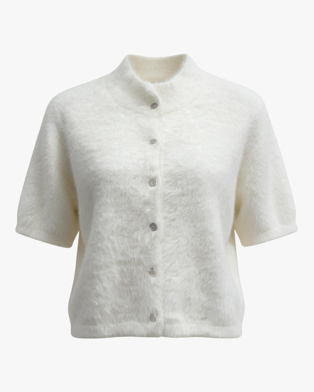Gilet Nuage HELLES blanc à manches courtes en maille duveteuse avec fermeture boutonnée sur le devant