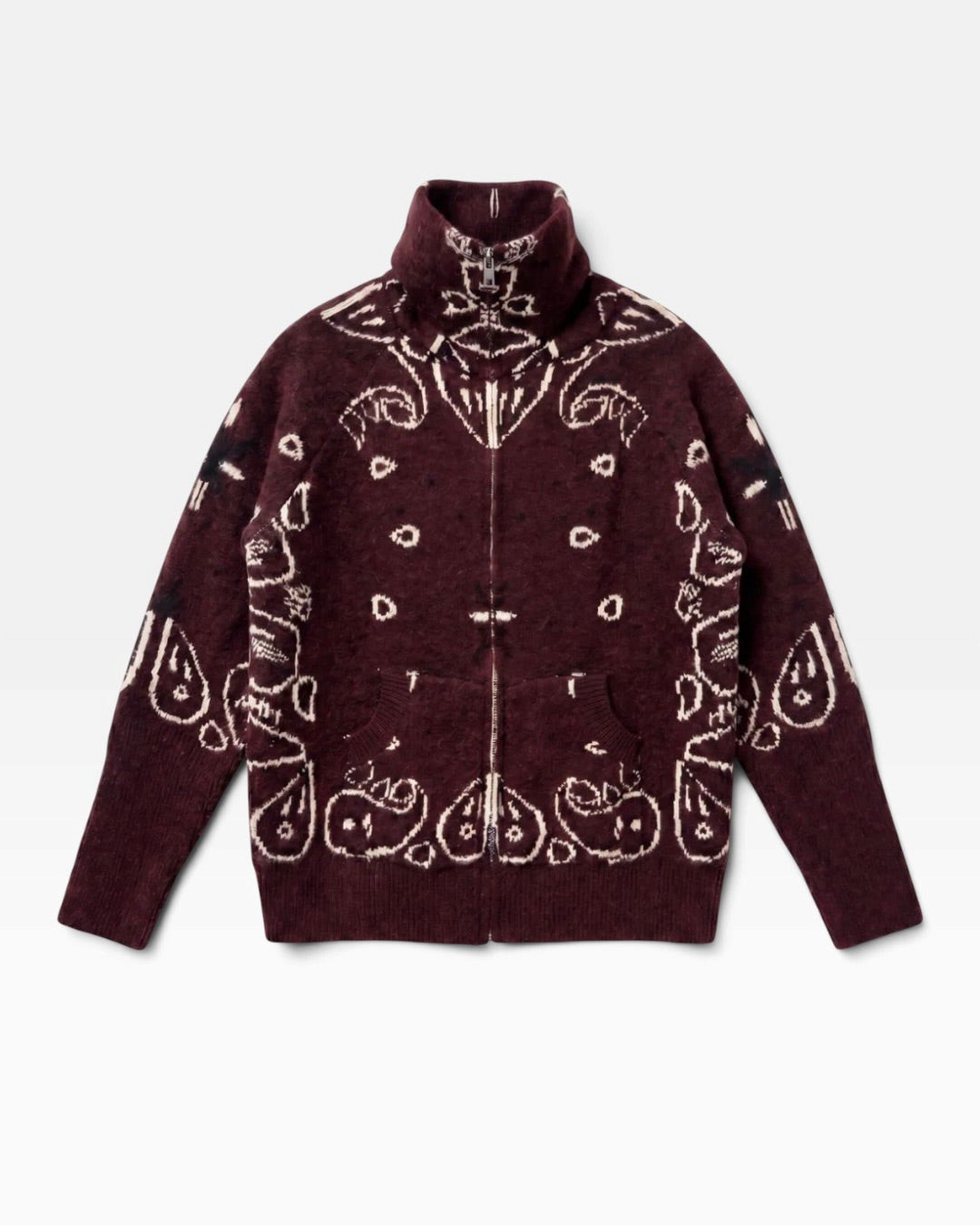 Gilet zippé HELLES Sioux en maille bordeaux avec motif bandana contrasté, col montant et deux poches avant.