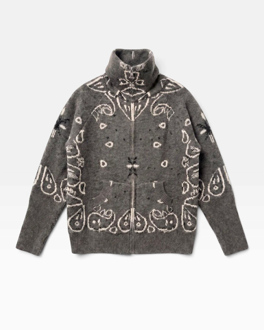 Gilet zippé HELLES Sioux en maille grise avec motif bandana contrasté, col montant et poches avant.
