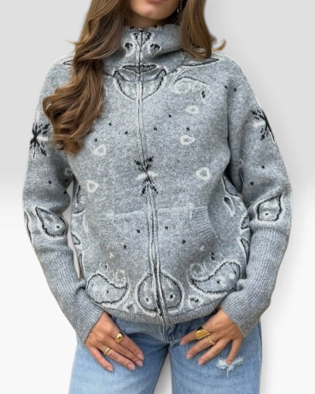 Gilet Sioux HELLES gris à motif bandana, col montant zippé en maille laine douce avec poches avant