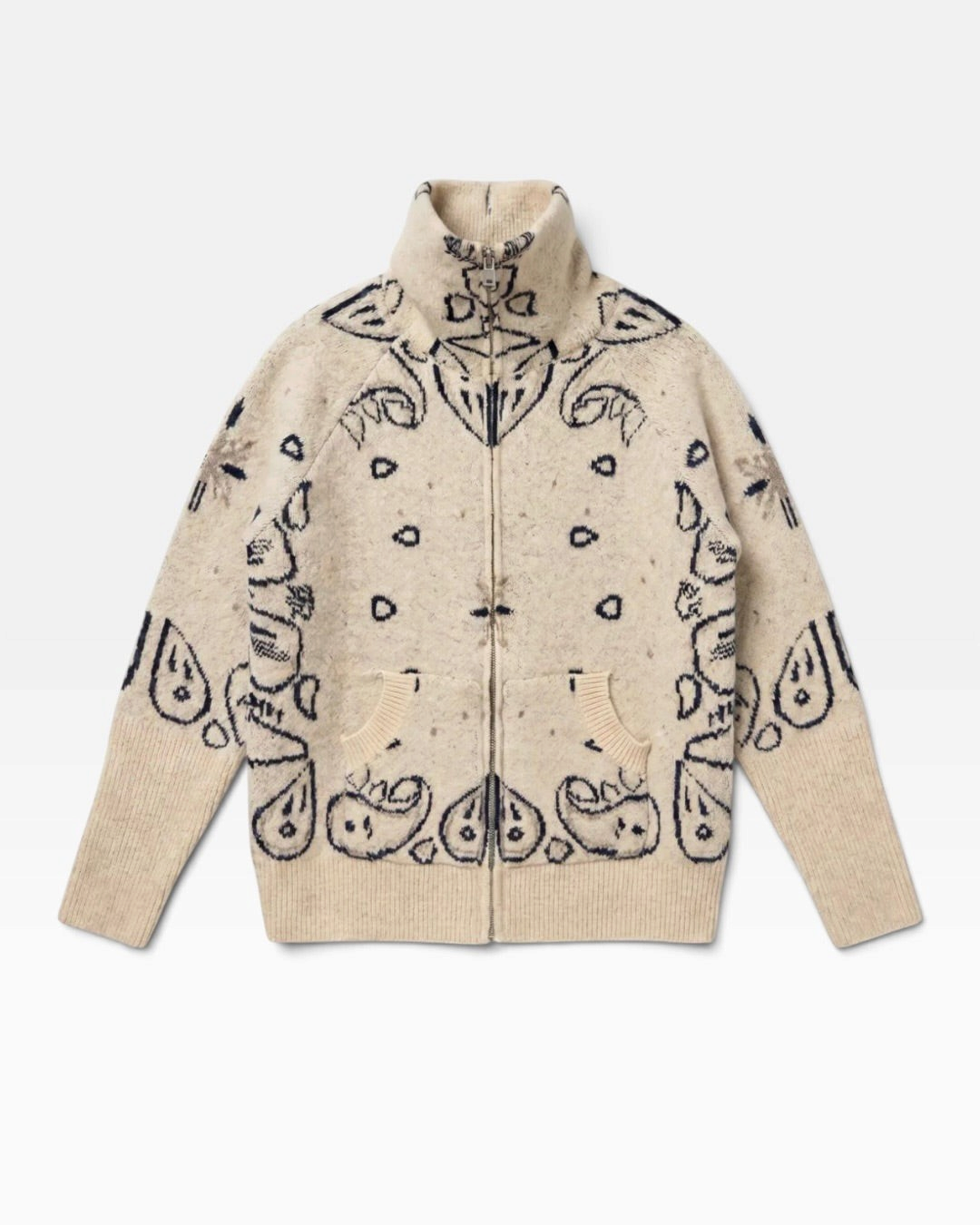 Gilet zippé HELLES Sioux en maille beige avec motif bandana contrasté bleu, col montant et deux poches avant.