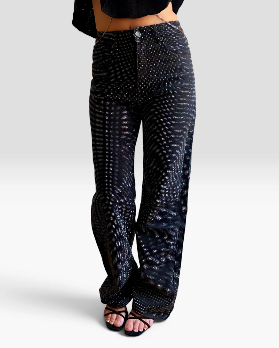 Jean droit HELLES noir taille haute orné de strass scintillants sur toute la surface pour une silhouette élégante