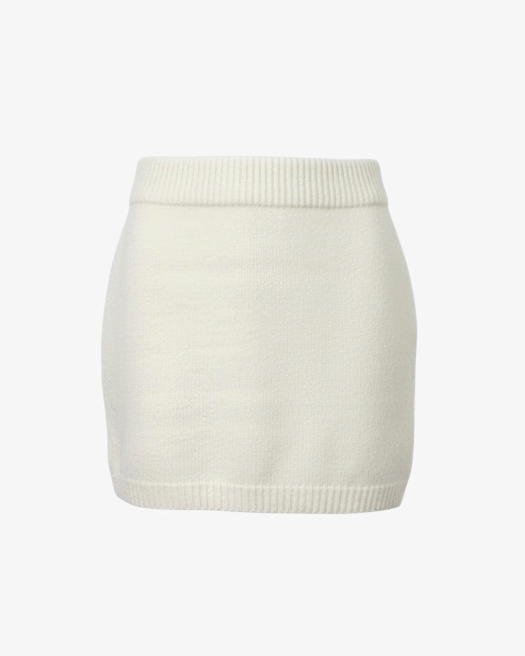 Jupe courte en maille HELLES blanc cassé, douce et confortable avec une taille élastique côtelée.