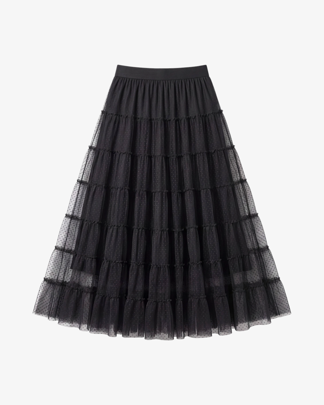 Jupe longue HELLES noire en tulle plumeti avec volants superposés et taille élastique
