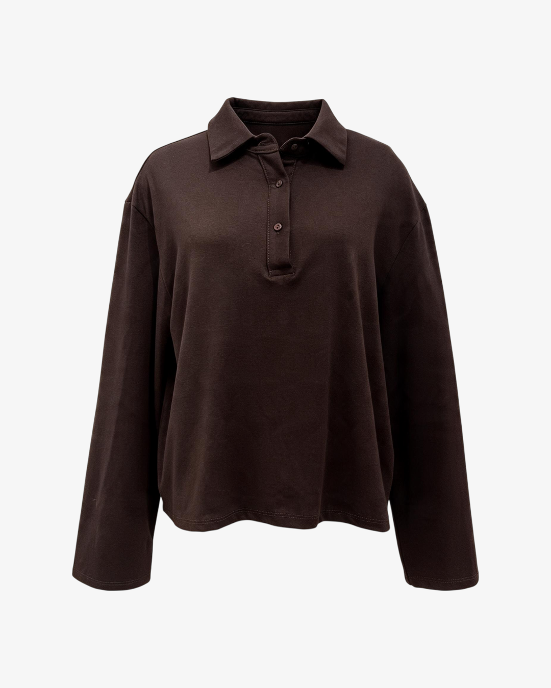 Polo basique HELLES marron à manches longues avec col classique et patte de boutonnage