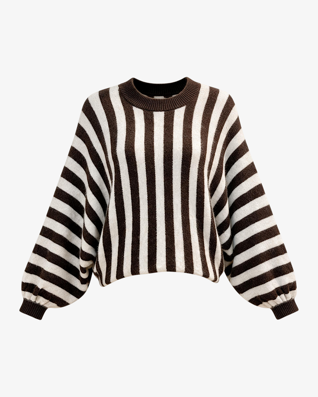 Pull Cameron HELLES à rayures verticales marron et blanc, coupe oversize avec manches bouffantes et col rond.