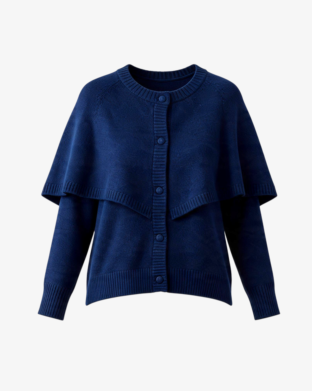 Pull cape HELLES bleu marine en maille avec boutonnage sur le devant et design superposé élégant