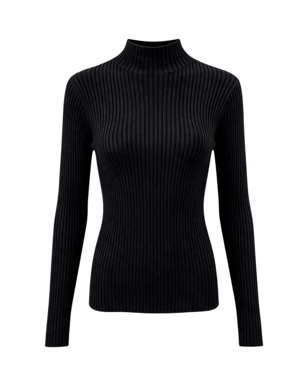 Pull col montant noir HELLES en maille côtelée ajustée à manches longues