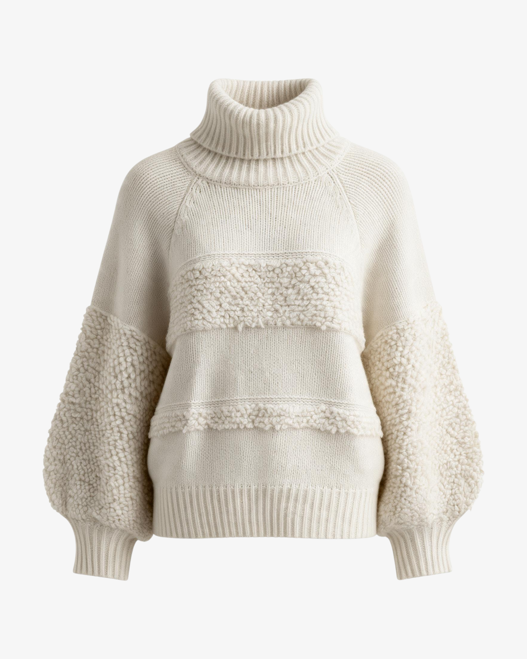 Pull col roulé HELLES blanc cassé en maille texturée avec manches bouffantes et détails en relief