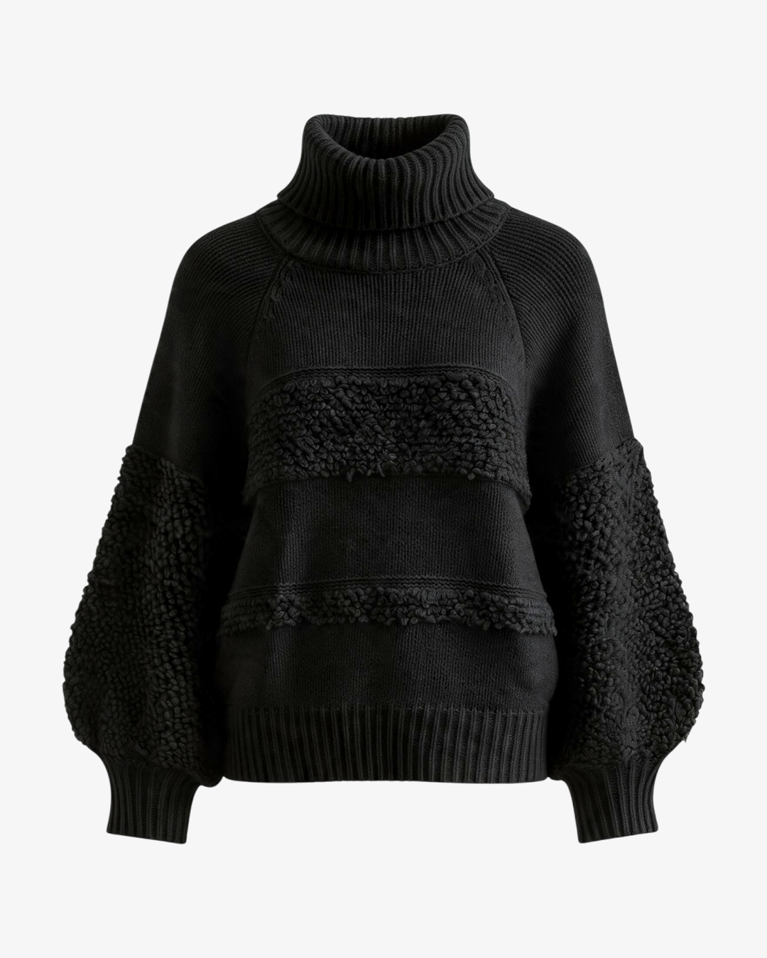 Pull col roulé noir HELLES en maille texturée avec manches bouffantes et détails en relief sur le devant