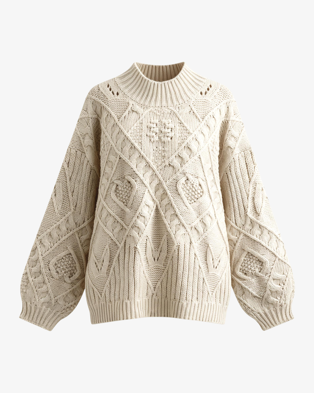 Pull HELLES England en maille torsadée beige à col montant et manches bouffantes