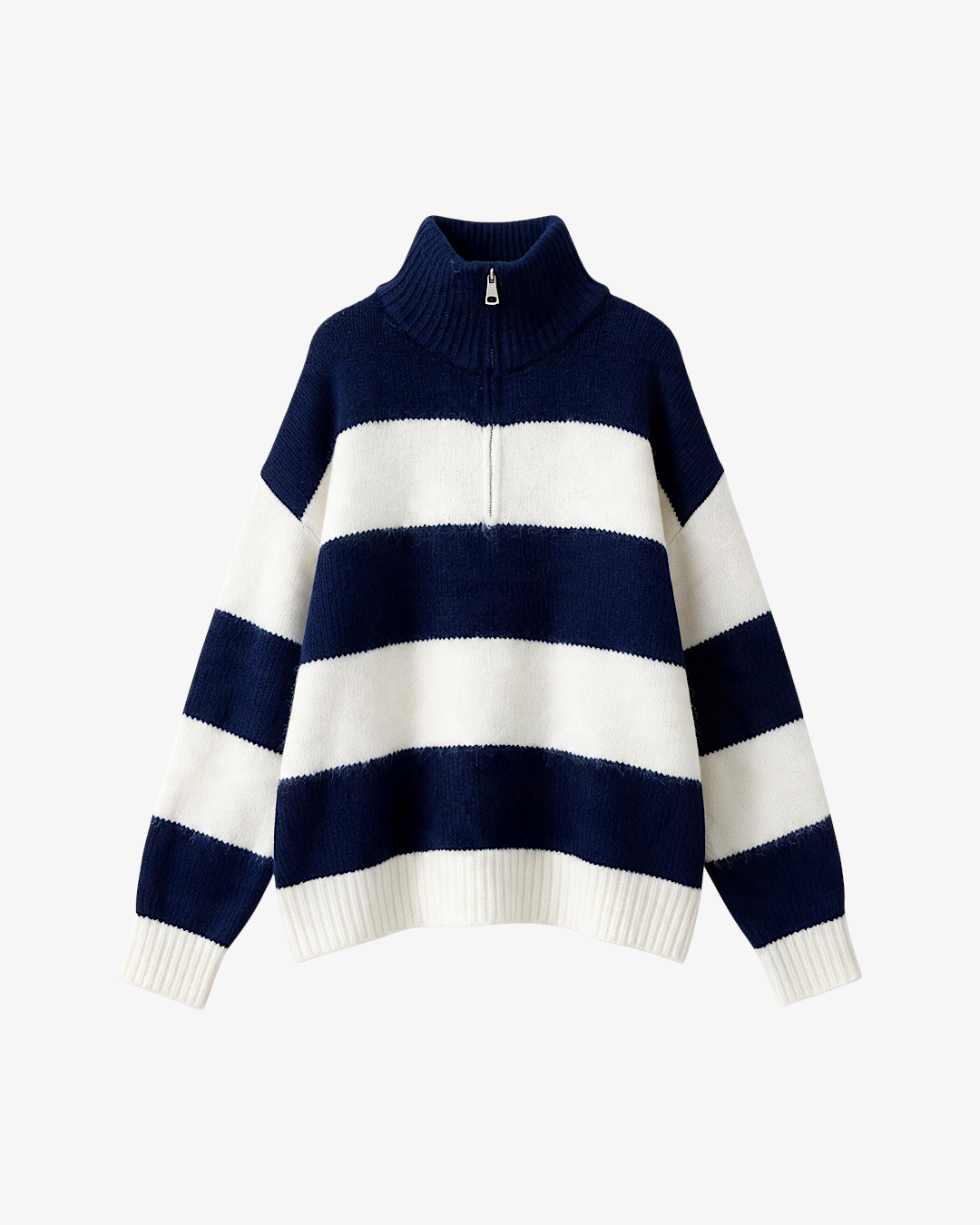 Pull Gaspard HELLES à rayures bleu marine et blanc avec col montant zippé en maille épaisse