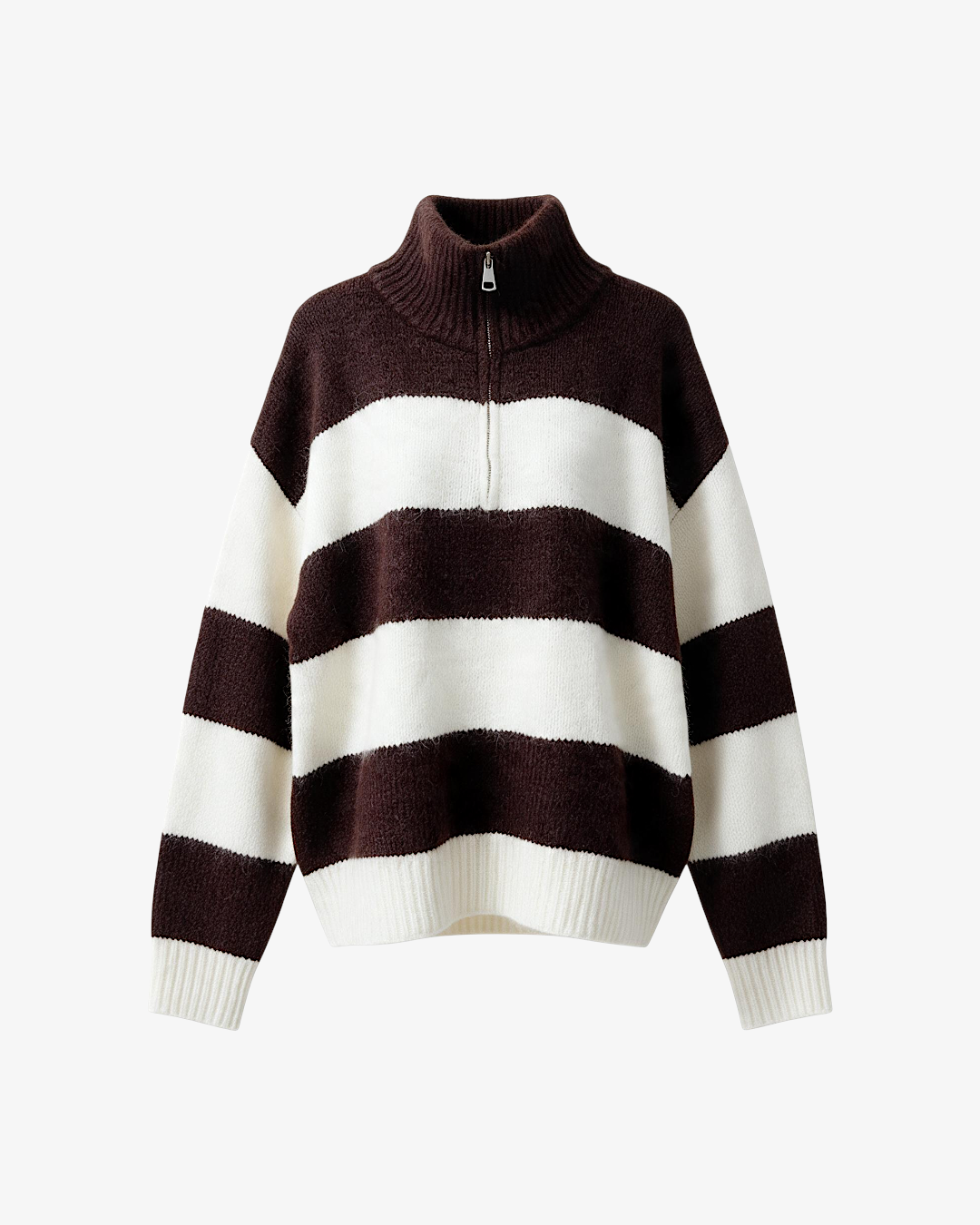 Pull Gaspard HELLES à rayures marron et blanc avec col montant zippé en maille douce