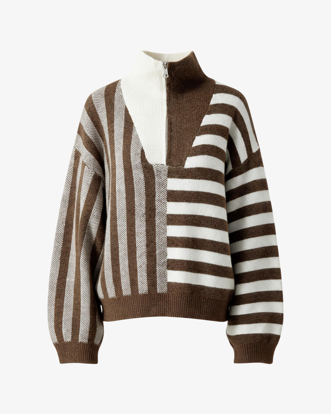 Pull HELLES Léon à col zippé, motif rayé asymétrique marron et blanc en maille douce