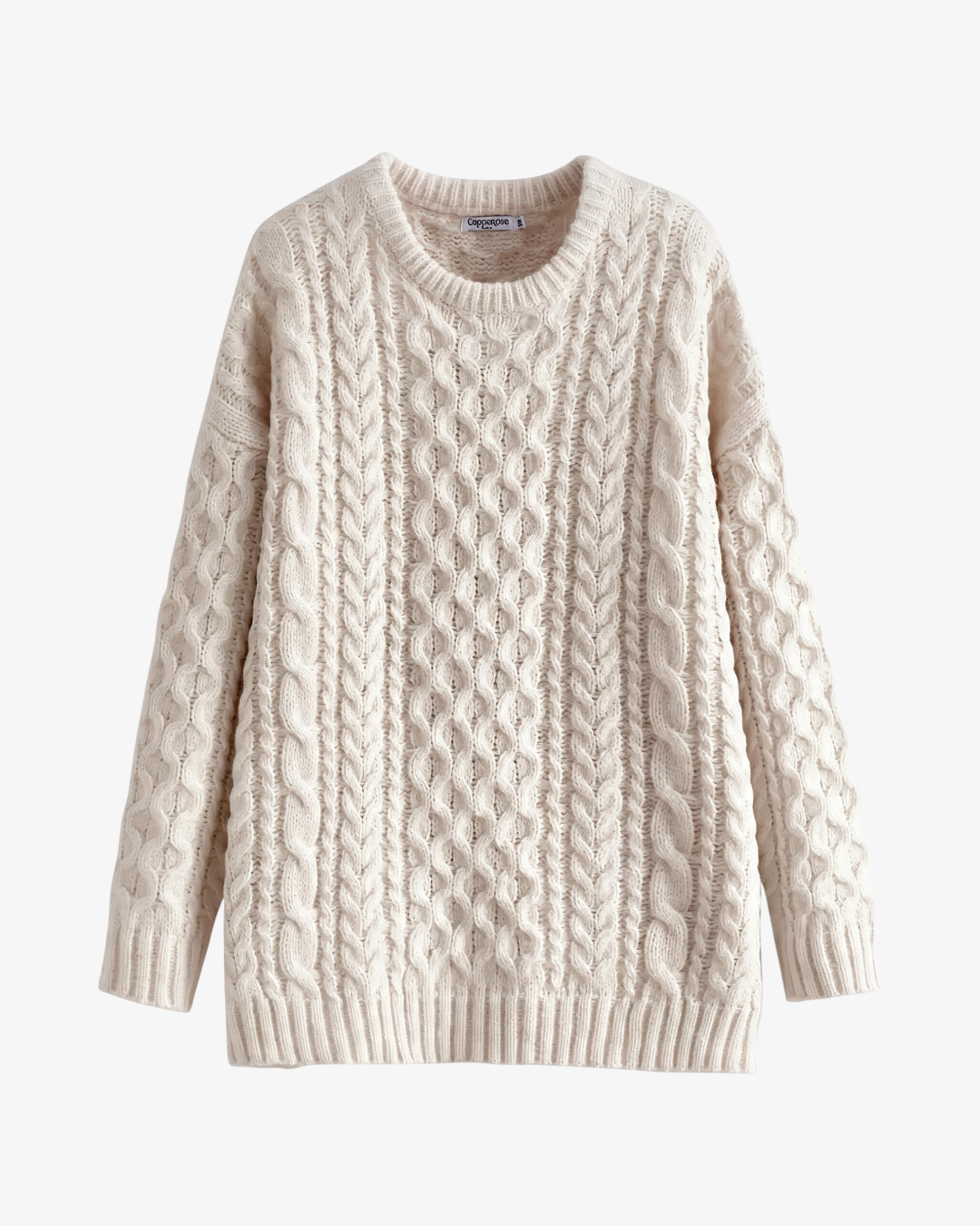 Pull HELLES Suzanne en maille torsadée couleur crème avec col rond et coupe décontractée