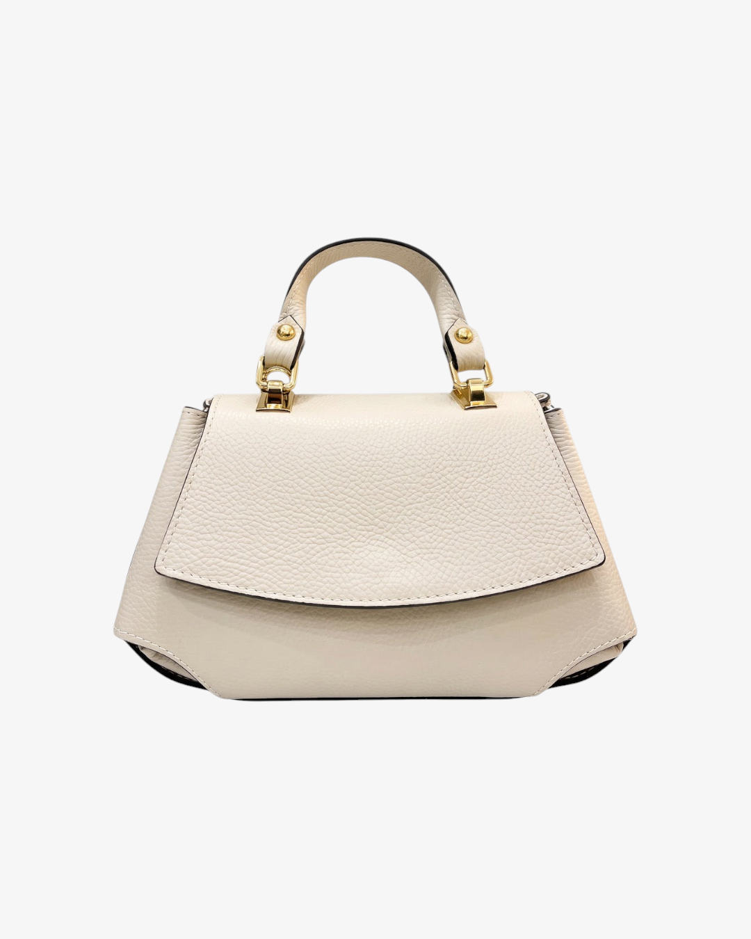 Sac à main HELLES Alma en cuir grainé beige avec rabat souple, poignée courte et finitions métalliques dorées