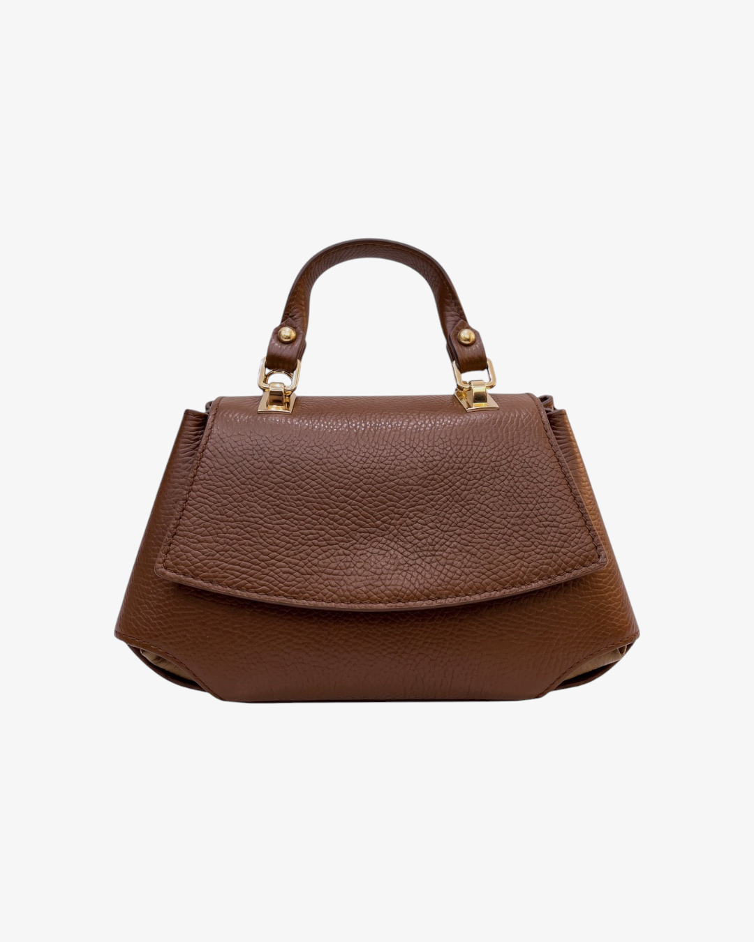 Sac à main HELLES Alma en cuir grainé marron avec poignée courte et détails métalliques dorés, design structuré.