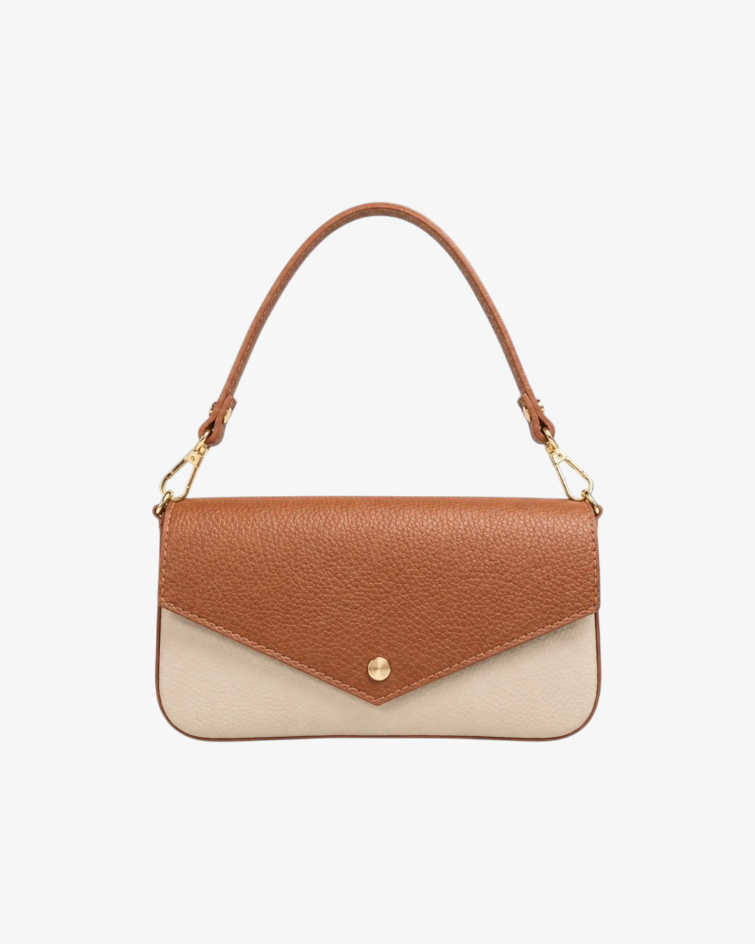 Sac baguette HELLES bicolore en cuir grainé camel et beige avec fermeture pression dorée et anse amovible