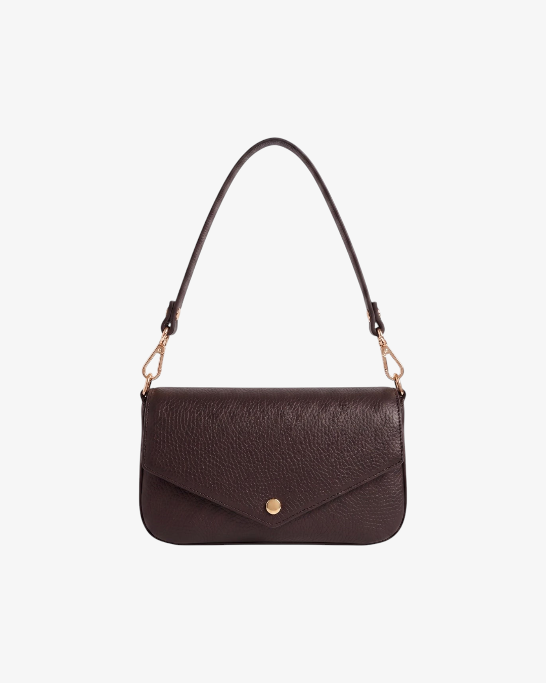 Sac baguette HELLES en cuir grainé chocolat avec anse amovible et fermoir pression doré, style chic et minimaliste.